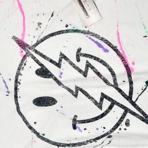 Prince Peter Collection White Tee with Black Lightning Smiley and Neon Splatter